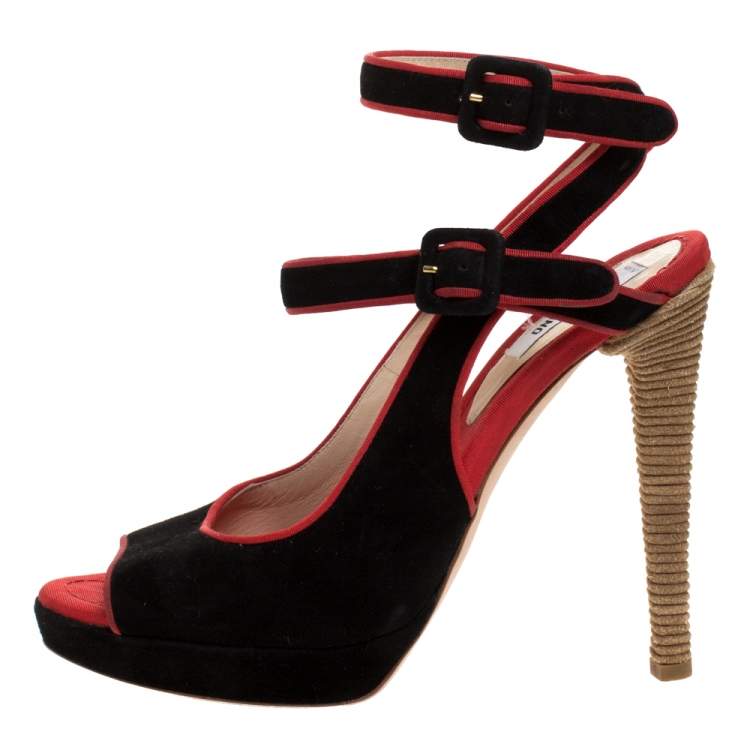 Pre Owned Boutique Moschino Black/Red Suede And Grosgrain Trim Platform Ankle Strap Sandals Size 37 