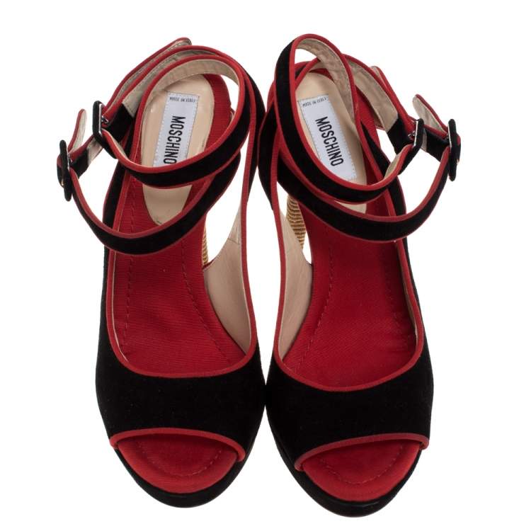 Pre Owned Boutique Moschino Black/Red Suede And Grosgrain Trim Platform Ankle Strap Sandals Size 37 