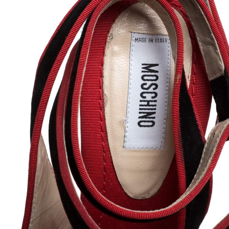 Pre Owned Boutique Moschino Black/Red Suede And Grosgrain Trim Platform Ankle Strap Sandals Size 37 