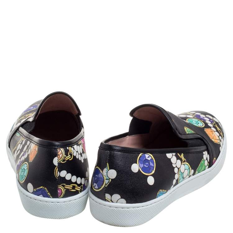 Pre Owned Boutique Moschino Black Crystal Printed Leather Slip-on Sneakers Size 37 