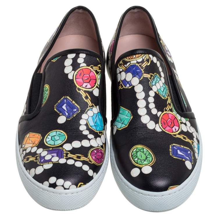 Pre Owned Boutique Moschino Black Crystal Printed Leather Slip-on Sneakers Size 37 