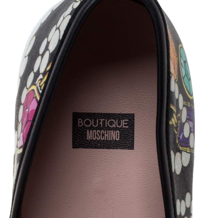 Pre Owned Boutique Moschino Black Crystal Printed Leather Slip-on Sneakers Size 37 