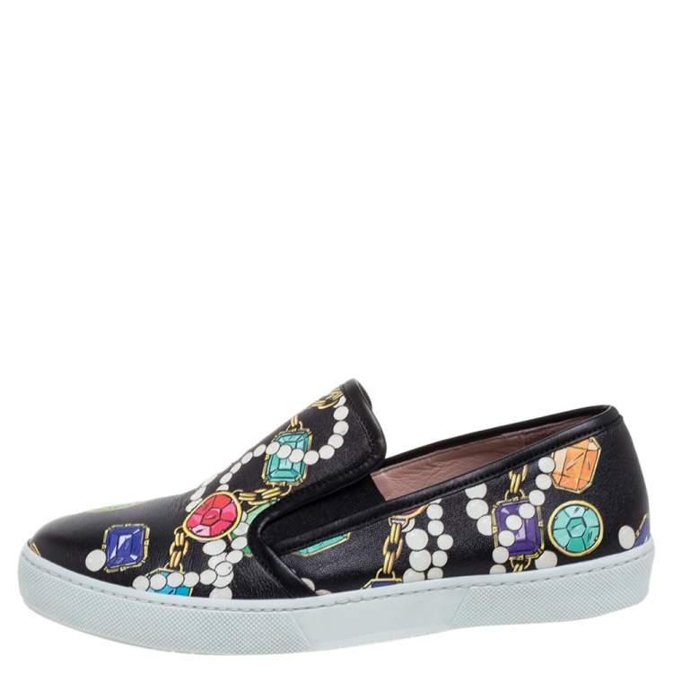 Pre Owned Boutique Moschino Black Crystal Printed Leather Slip-on Sneakers Size 37 