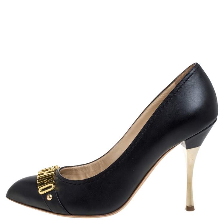 Pre Owned Moschino Black Leather Logo Letter Pointed Toe Pumps Size 41