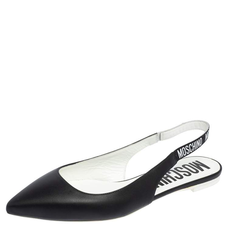 Pre Owned Moschino Black Leather Logo Pointed Toe Sling Flat Sandals Size 41