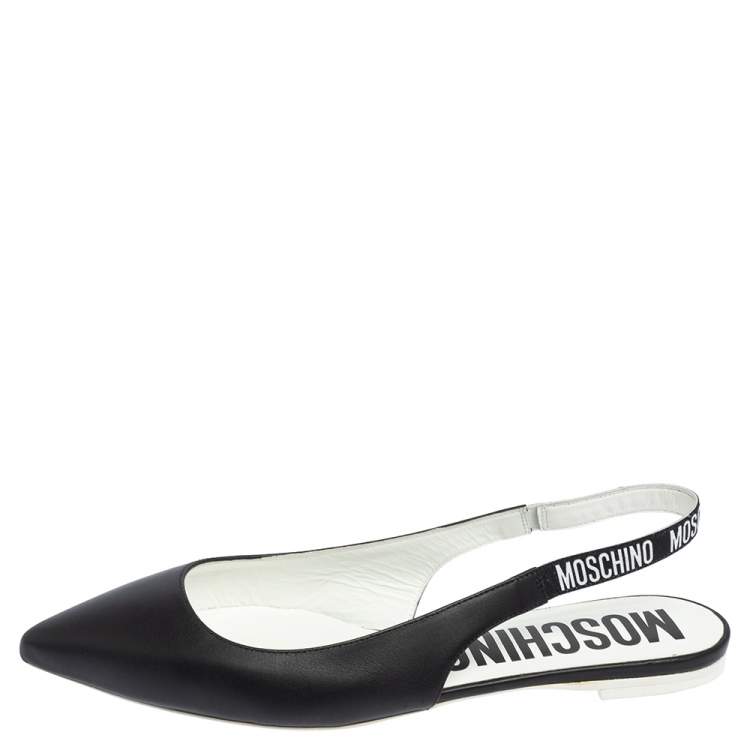 Pre Owned Moschino Black Leather Logo Pointed Toe Sling Flat Sandals Size 41