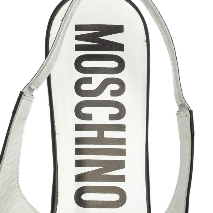 Pre Owned Moschino Black Leather Logo Pointed Toe Sling Flat Sandals Size 41