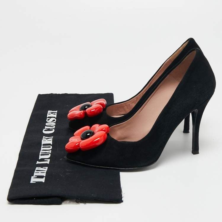 Pre Owned Boutique Moschino Black Suede Flower Pumps Size 38.5