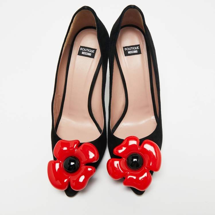 Pre Owned Boutique Moschino Black Suede Flower Pumps Size 38.5