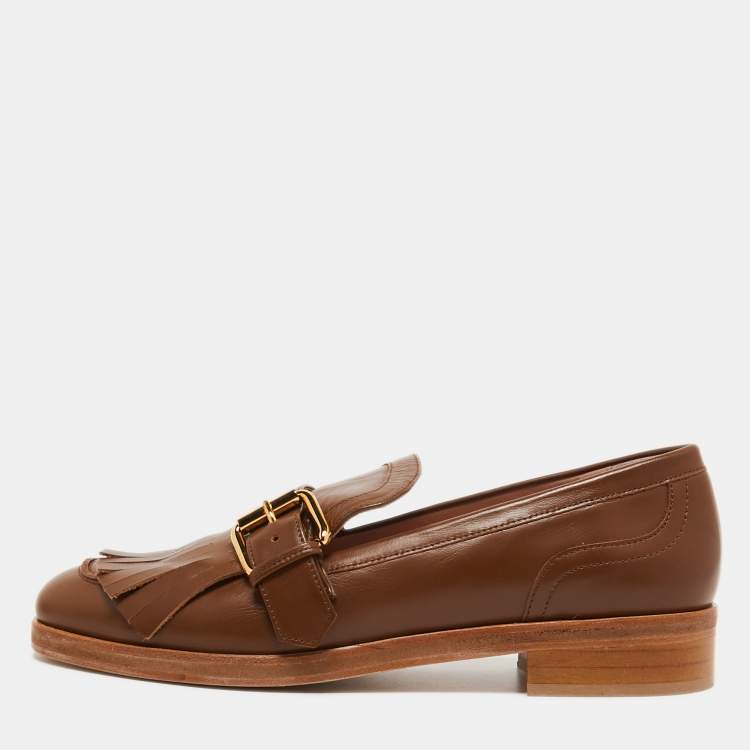 Pre Owned Boutique Moschino Brown Leather Buckle Fringe Loafers Size 39
