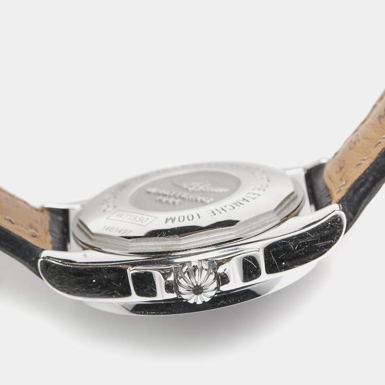 Pre Owned Breitling Black Diamond Stainless Steel Sahara Calfskin Leather Galactic Sleek W7133012/BF63/208X Women's Wristwatch 32 mm