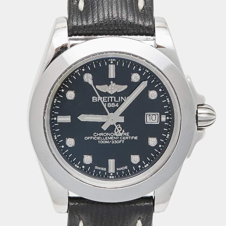 Pre Owned Breitling Black Diamond Stainless Steel Sahara Calfskin Leather Galactic Sleek W7133012/BF63/208X Women's Wristwatch 32 mm