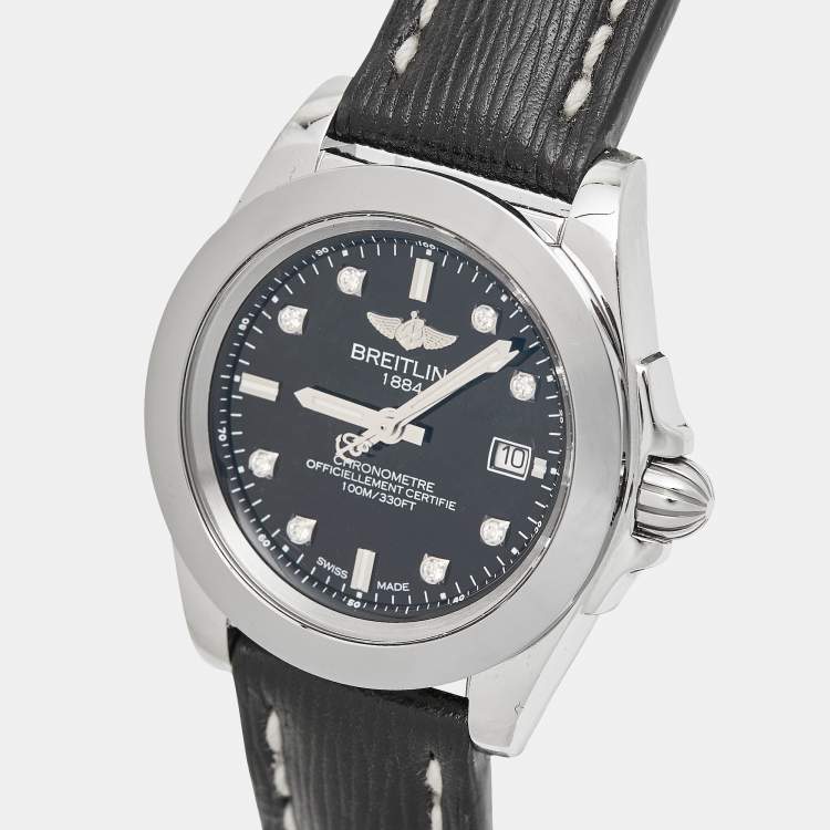 Pre Owned Breitling Black Diamond Stainless Steel Sahara Calfskin Leather Galactic Sleek W7133012/BF63/208X Women's Wristwatch 32 mm