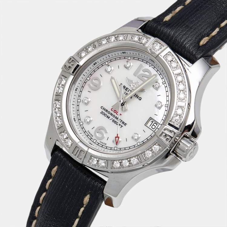 Pre Owned Breitling Colt A7738853-A769-208X-A14BA.1 Mother Of Pearl Dial Diamond Stainless Steel Leather Women's Wristwatch 33 mm
