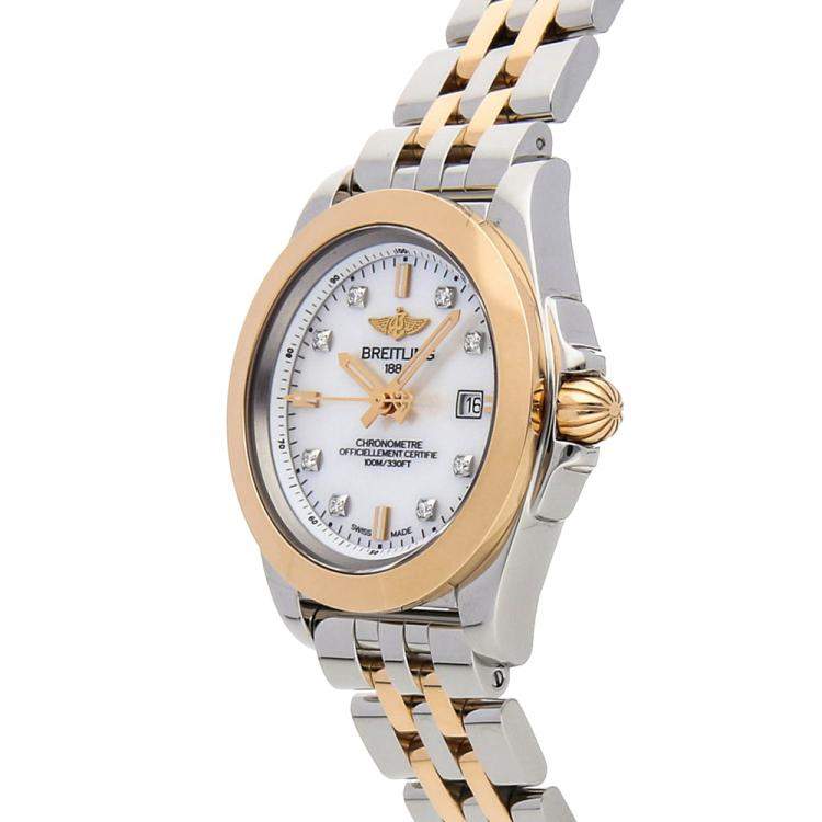 Pre Owned Breitling White Diamonds 18K Yellow Gold And Stainless Steel Galactic Sleek Edition C7133012/A803 Women's Wristwatch 32 MM