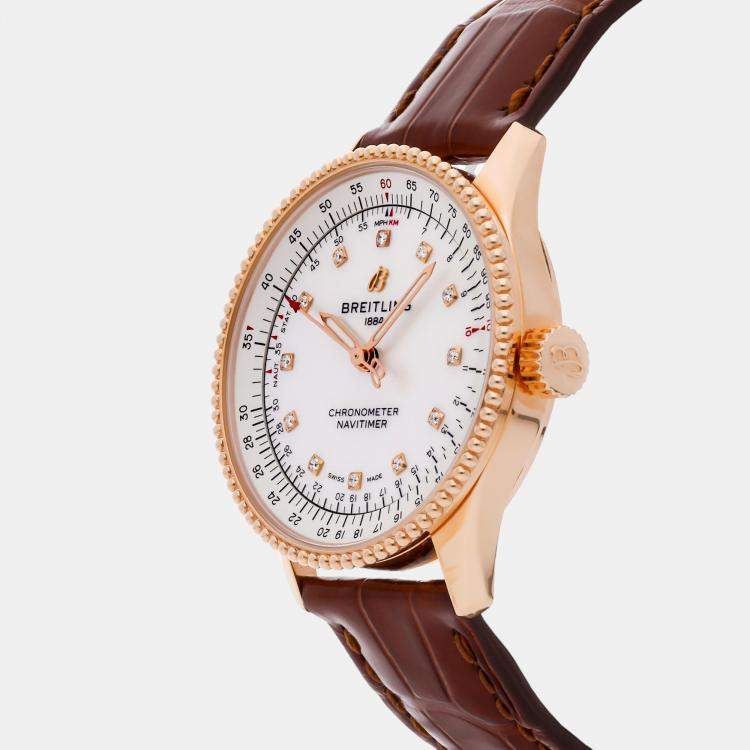 Pre Owned Breitling White Shell 18k Rose Gold Navitimer Automatic Women's Wristwatch 35 mm