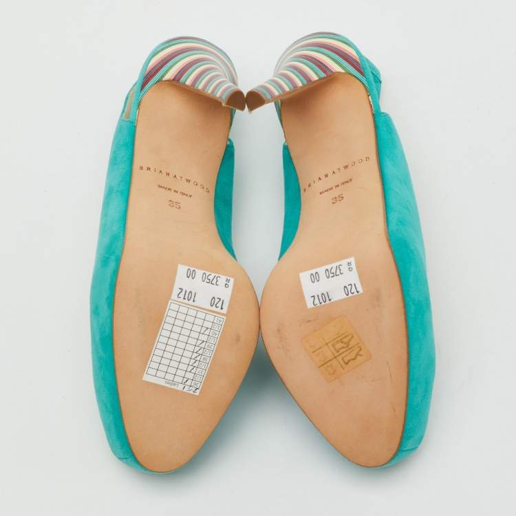 Pre Owned Brian Atwood Turquoise Blue Suede Platform Slingback Pumps Size 35