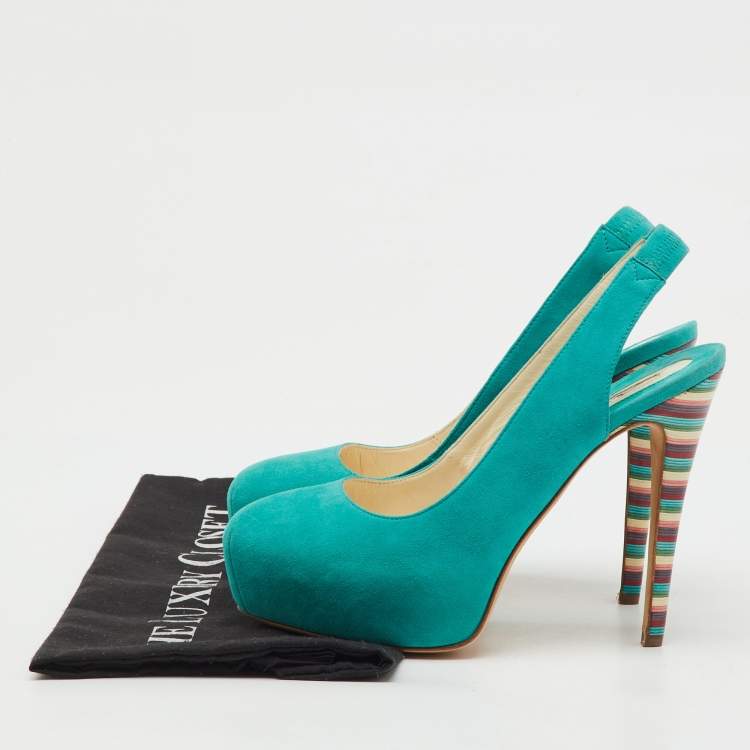 Pre Owned Brian Atwood Turquoise Blue Suede Platform Slingback Pumps Size 35
