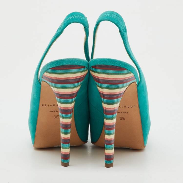 Pre Owned Brian Atwood Turquoise Blue Suede Platform Slingback Pumps Size 35