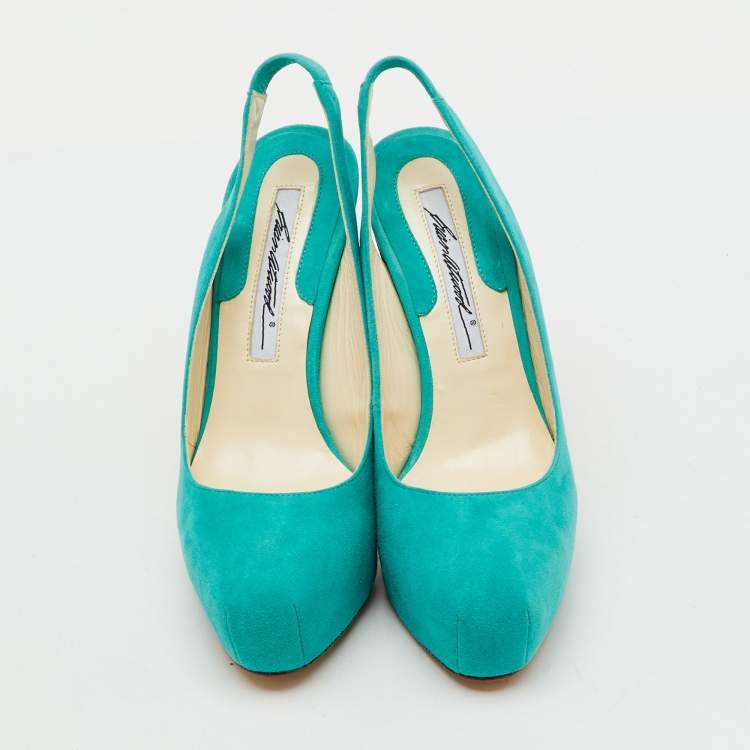 Pre Owned Brian Atwood Turquoise Blue Suede Platform Slingback Pumps Size 35
