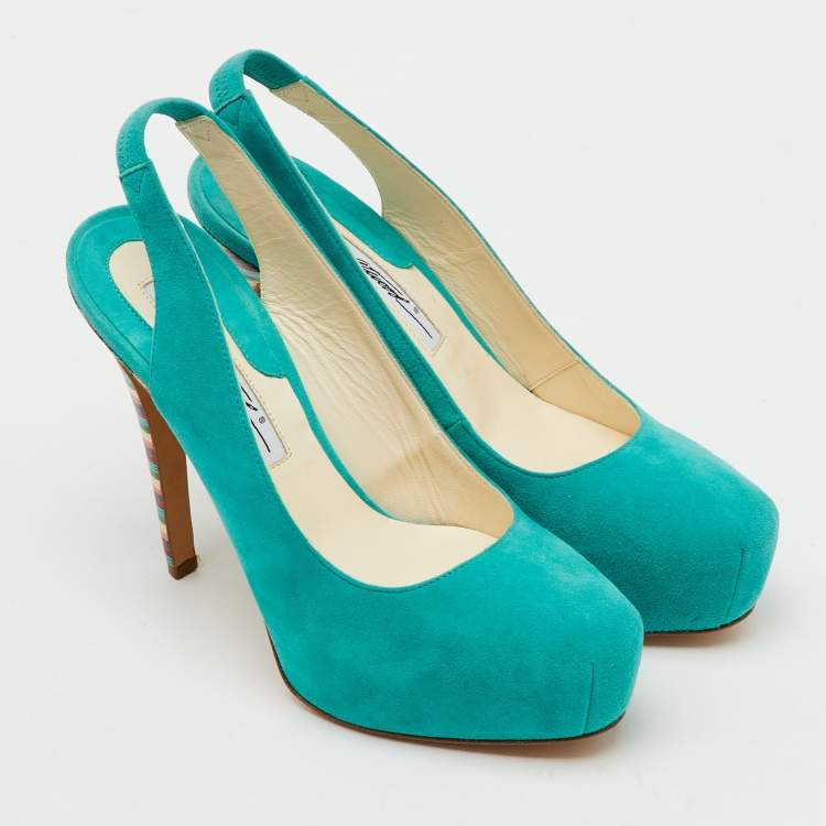 Pre Owned Brian Atwood Turquoise Blue Suede Platform Slingback Pumps Size 35
