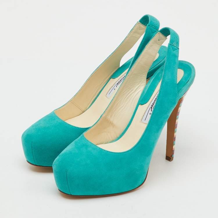 Pre Owned Brian Atwood Turquoise Blue Suede Platform Slingback Pumps Size 35