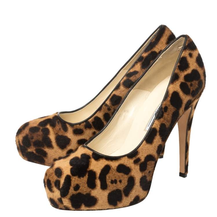 Pre Owned Brian Atwood Brown/Black Animal Print Calf Hair Platform Pumps Size 37