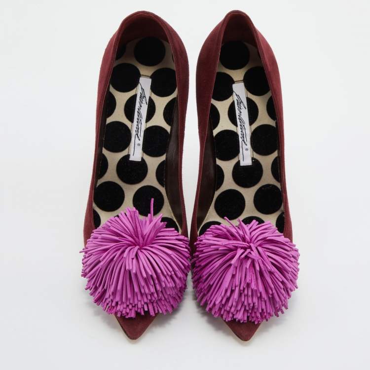 Pre Owned Brian Atwood Burgundy/Pink Suede Fringed Pointed Toe Pumps Size 38