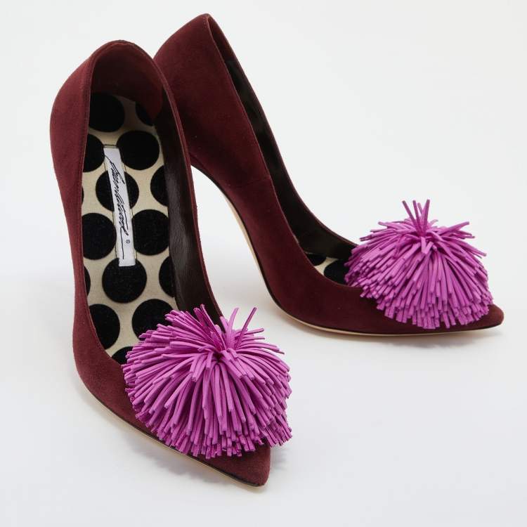 Pre Owned Brian Atwood Burgundy/Pink Suede Fringed Pointed Toe Pumps Size 38