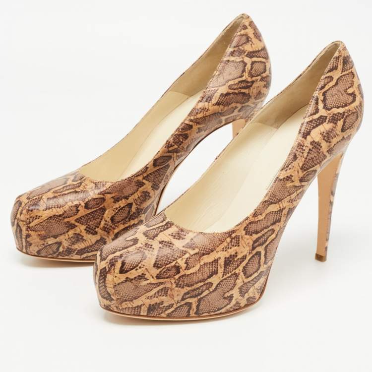 Pre Owned Brian Atwood Brown/Beige Cork Print Platform Pumps Size 41