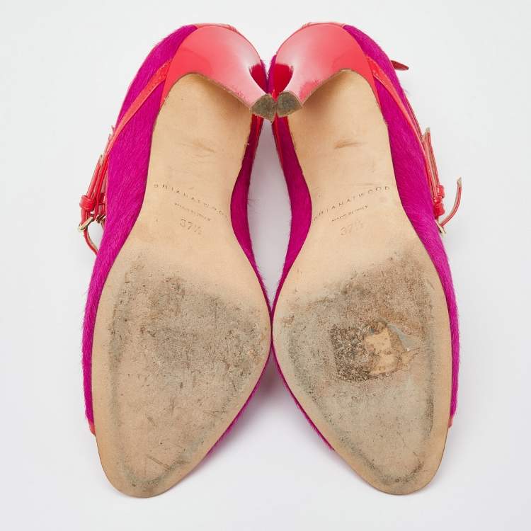 Pre Owned Brian Atwood Pink Calf Hair and Patent Leather Stellah Pumps Size 37.5