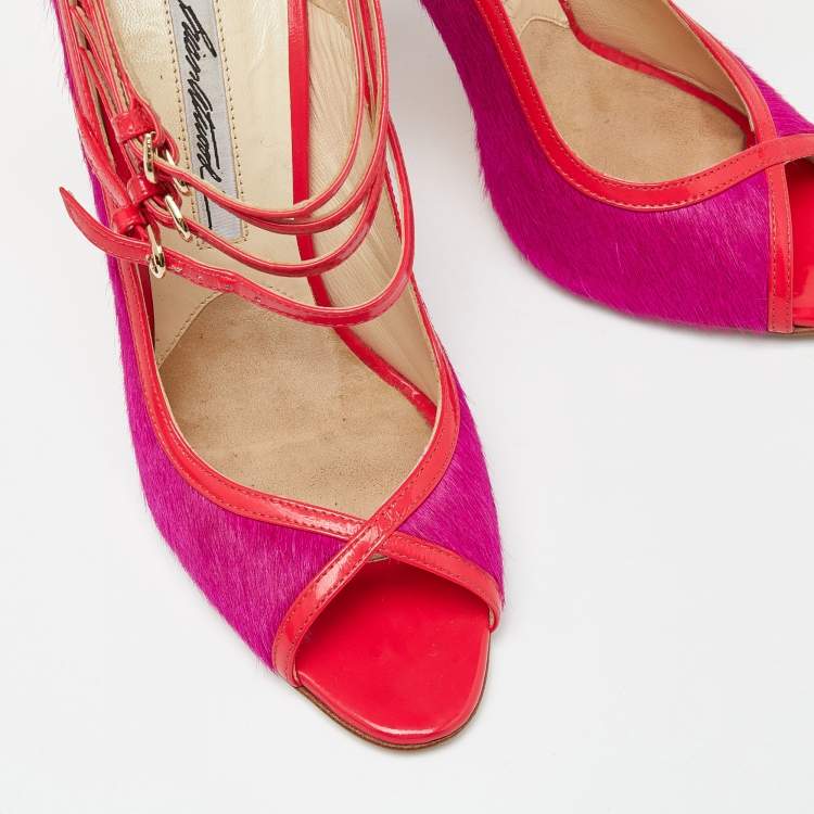 Pre Owned Brian Atwood Pink Calf Hair and Patent Leather Stellah Pumps Size 37.5