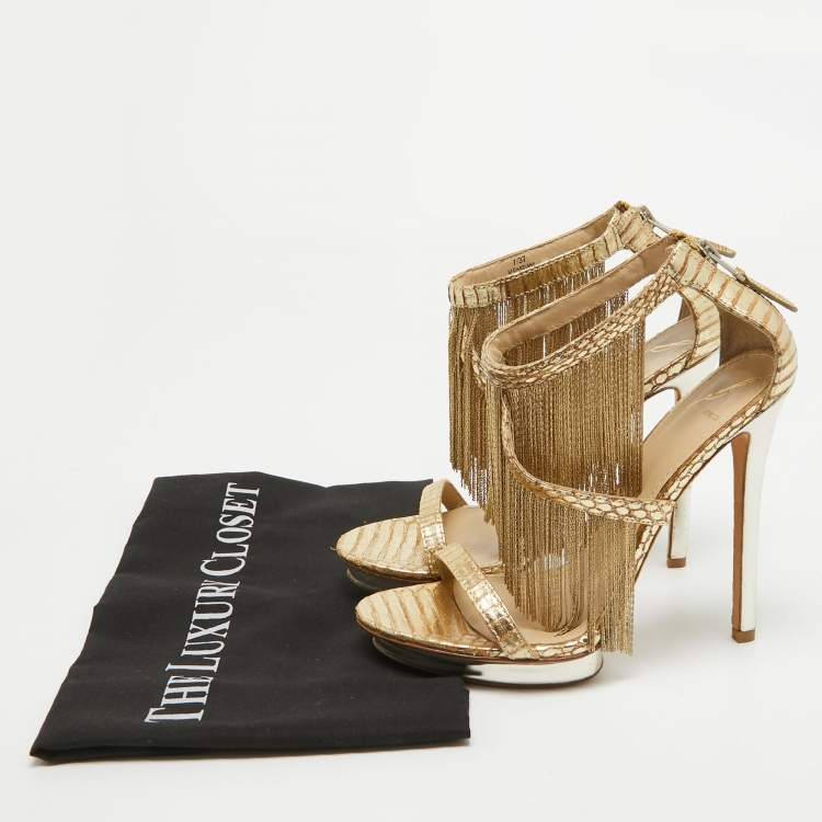 Pre Owned Brian Atwood Gold Leather Ankle Strap Sandals Size 37.5