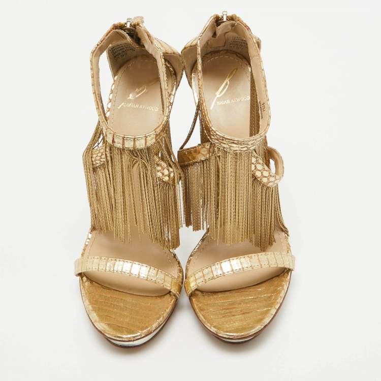 Pre Owned Brian Atwood Gold Leather Ankle Strap Sandals Size 37.5