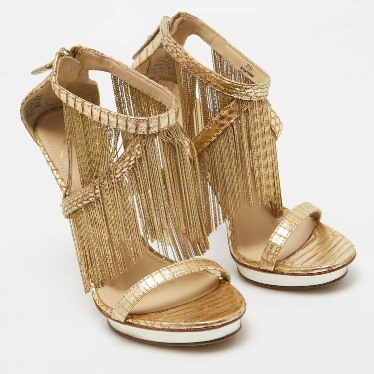 Pre Owned Brian Atwood Gold Leather Ankle Strap Sandals Size 37.5