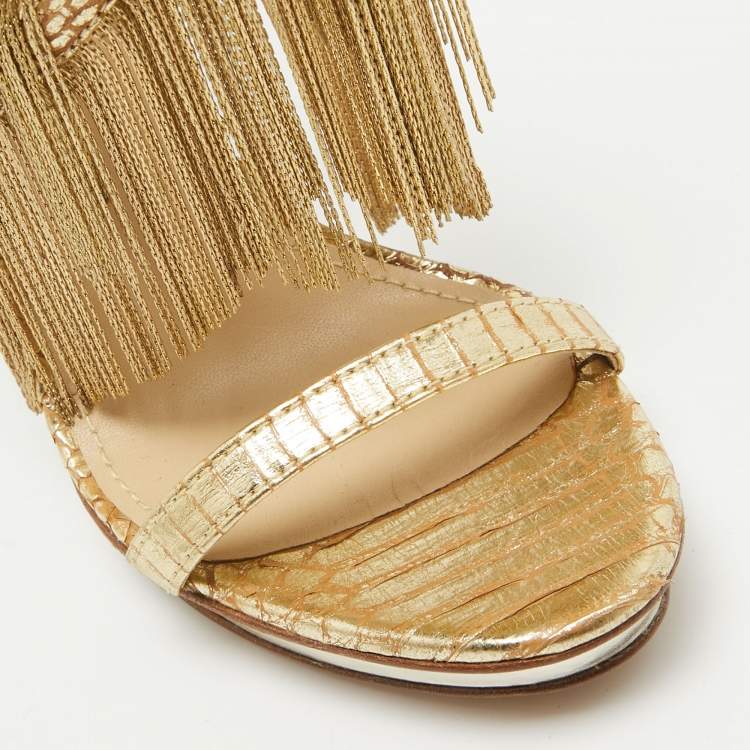 Pre Owned Brian Atwood Gold Leather Ankle Strap Sandals Size 37.5