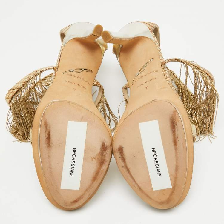 Pre Owned Brian Atwood Gold Leather Ankle Strap Sandals Size 37.5