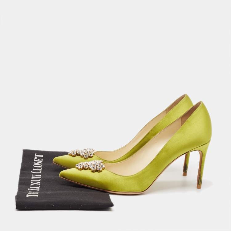 Pre Owned Brian Atwood Green Satin Crystal Embellished Pointed Toe Pumps Size 39.5
