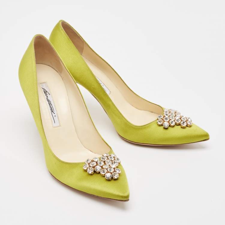 Pre Owned Brian Atwood Green Satin Crystal Embellished Pointed Toe Pumps Size 39.5