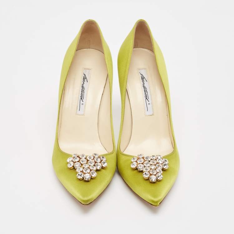 Pre Owned Brian Atwood Green Satin Crystal Embellished Pointed Toe Pumps Size 39.5