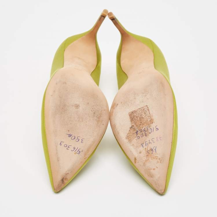 Pre Owned Brian Atwood Green Satin Crystal Embellished Pointed Toe Pumps Size 39.5