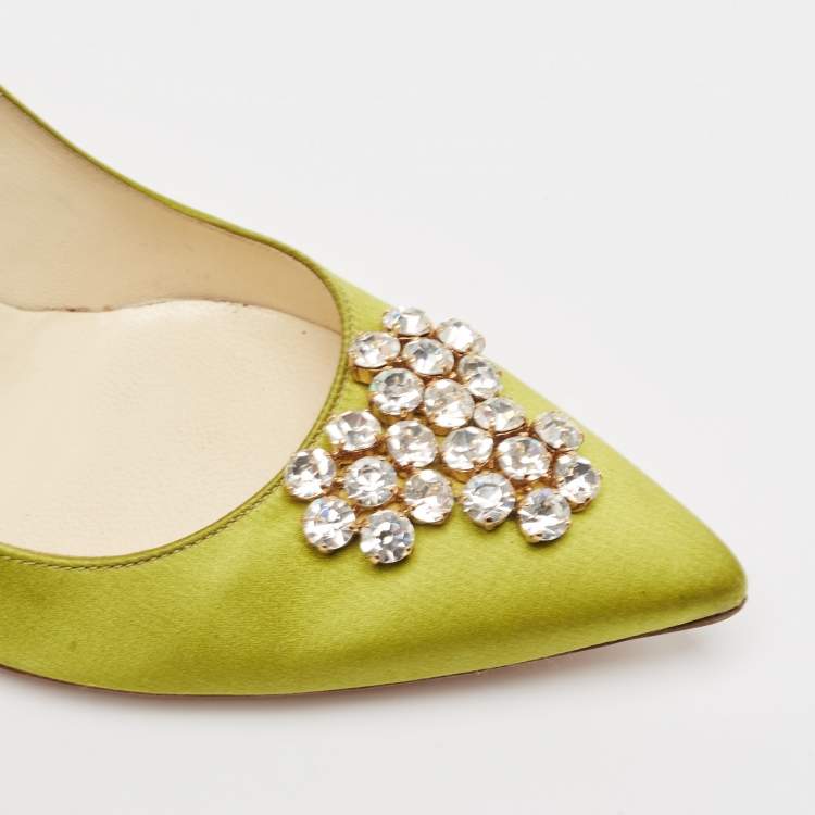 Pre Owned Brian Atwood Green Satin Crystal Embellished Pointed Toe Pumps Size 39.5