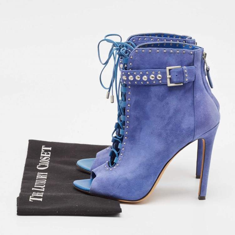 Pre Owned Brian Atwood Blue Suede Embellished Ankle Length Boots Size 38