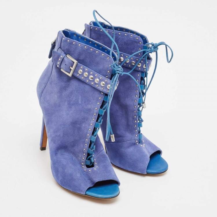 Pre Owned Brian Atwood Blue Suede Embellished Ankle Length Boots Size 38