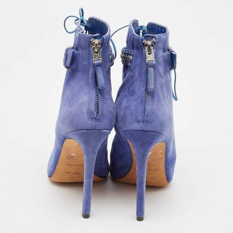 Pre Owned Brian Atwood Blue Suede Embellished Ankle Length Boots Size 38