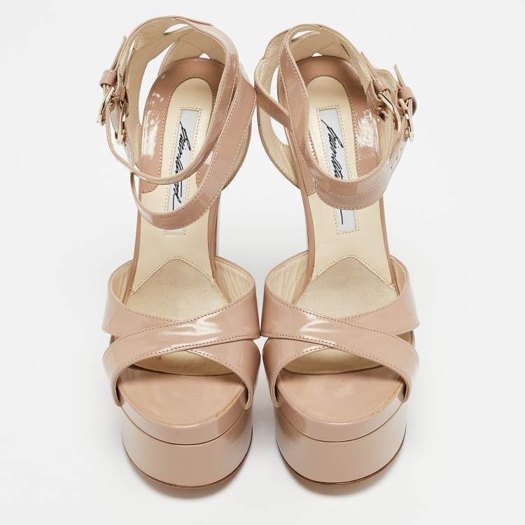 Pre Owned Brian Atwood Beige Patent Leather Carmen Platform Sandals Size 37.5