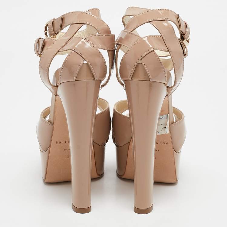 Pre Owned Brian Atwood Beige Patent Leather Carmen Platform Sandals Size 37.5