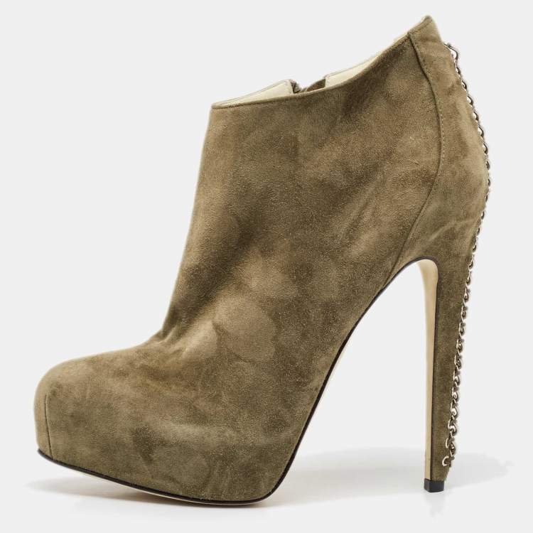 Pre Owned Brian Atwood Olive Green Suede Chain Embellished Booties Size 38.5