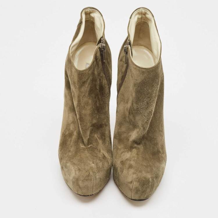 Pre Owned Brian Atwood Olive Green Suede Chain Embellished Booties Size 38.5