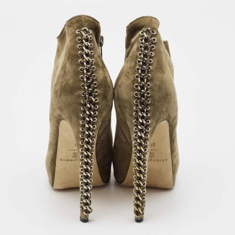 Pre Owned Brian Atwood Olive Green Suede Chain Embellished Booties Size 38.5
